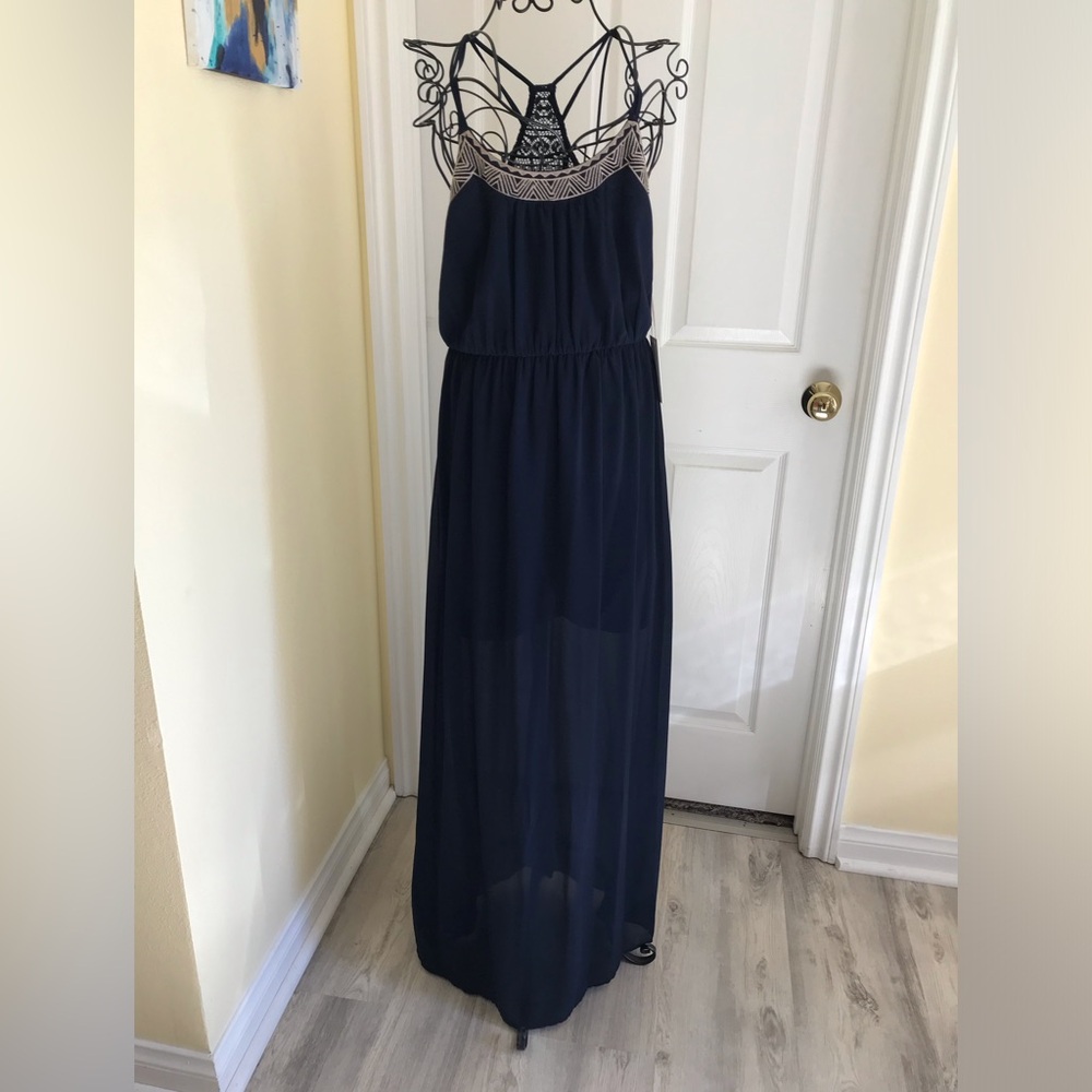 Papaya Navy Blue Maxi Dress with Embroidery Details NWT Size Medium